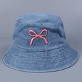 Blue denim bucket hat with pink bow embroidery and a wide stitched brim for women - M (56-58cm) / Light Blue