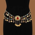 Ethnic gold waist chain belt with red crystals and dangling coin charms for dresses - Oval Five Tassels Gold / Gold / Silver Dandelion 10mm Artificial Pearl