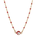 Detaillierte Nahaufnahme der goldenen Edelstahlkette mit roten Perlen und Evil Eye Anhänger - SL387-Rote Perlen
