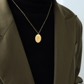 Gold titanium steel necklace featuring oval floral engraved pendant on delicate chain - May Flower(P1151) / 40cm+5cm / Gold