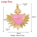 Pink enamel heart charm with golden flame details and ray borders, 34mm size - Pink Sacred Heart Large Size Style (M205900-Pink)