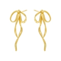 Close-up of golden bow-shaped drop earrings featuring flowing ribbon lines and metallic luster - Streamlined Ribbon Bow / VE1298 Gold