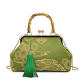 Matcha green embroidered handbag with bamboo handle, ruyi cloud pattern and silk texture - Light Green