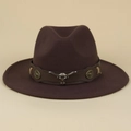 Close-up of western wool fedora featuring leather band and silver bull head metal emblem - Coffee / M (56-58cm)