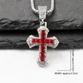 Punk silver cross pendant with square red stones and clear crystals, 4.3cm height - Red / Box Chain 60cm