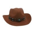 Brown woven straw cowboy hat with turquoise beads and sunflower metal buckle detail - Coffee