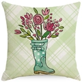 Linen decorative pillow cover with green plaid and pink flowers in a teal rain boot - 18x18 Inch / Green Gingham Rain Boots Floral (LYD397-1)