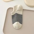Off-white cotton low-cut boat socks with black horizontal stripes on a beige tray - Striped Beige