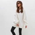 Oversized white fleece-lined sweatshirt with drop shoulders and ribbed cuffs for women - S / White (Thin)
