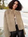 Short faux fur jacket in khaki color with round neck, shown against a snowy landscape - S / Camel