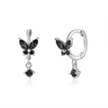 Silver butterfly hoop earrings with black zircon stones in a sleek gothic design - Black Silver