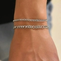 Silver stainless steel curb and figaro chain bracelets worn on a wrist, vintage style - Simple Two-piece Bracelet Set (Curb Chain + Figaro Chain) / Silver