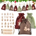 24-day Christmas advent calendar set with colorful burlap bags and wooden ornaments - Advent Calendar Style 9