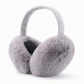 Detailed macro view of soft gray plush faux fur earmuffs with matching fabric headband - One Size / Gray