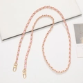 Detail of pink leather woven gold metal chain strap with secure lobster clasps - Woven Leather Crossbody Style / Light Pink