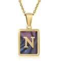 Square gold stainless steel necklace with purple marble shell and golden letter N pendant - Colorful Shell N