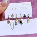 6-piece gold alloy earring set with purple zircons, heart, and bird motifs on display card - Sweet Personality Series (3103)