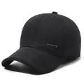 Winter wool baseball cap for elderly men with warm ear flaps and sports metal plaque - Adjustable / Black