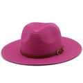 Close-up of bright rose straw fedora with brown faux leather belt and gold buckle detail - M (56-58cm) / Rose Red