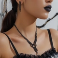 Elegant black rhinestone butterfly long tassel necklace and earring set on model - Black Geometric Pendant Long Chain Style (DTN14026332GU-BK)