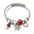Silver bead bracelet with red crystal and Be My Valentine heart charm pendant - Starfish Fishbone Shell (C2-019) / Red