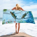 Microfiber beach towel with green sea turtles, sea stars and shells on blue gradient background - Marine Ecology Green Turtle (STJ-019-006)