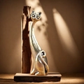 Artistic giraffe cat figurine brass ring holder on wood base for desk decor - Curly Tail Cat Ring Holder