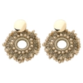 Macro shot of handmade woven seed bead earrings with golden hoops and crystal facets - Brown
