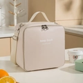 Beige PU insulated lunch bag with top handles, crossbody strap and keep fresh print - Shoulder Style / Elegant White