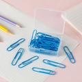 Royal blue coated metal paper clips in a clear portable storage box for office use - Blue