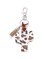 Wooden cactus keychain with leopard print and a beige tassel on a metal swivel clasp - Brown Leopard Cactus/Beige Tassel