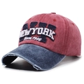 Vintage American style baseball cap with red crown and blue denim brim - Red