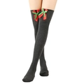 Close-up of grey knitted over-the-knee socks with festive red and green bows - One Size / Red Green Bowknot Decor / Dark Gray