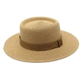 Detailed view of natural straw boater hat with a flat brim and brown grosgrain ribbon - Khaki