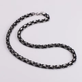 Detail of two-tone black and silver stainless steel Byzantine chain necklace with lobster clasp - Black