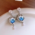 French vintage silver butterfly earrings with blue gradient enamel and zircon drops - 60# Butterfly Drop Zircon (60# Silver Earring Post-Silver-Drop)