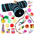 Lot de 22 jouets pour chats avec tunnel noir à 3 voies, baguettes à plumes et grelots colorés - Lot No. 62