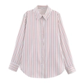 Women's casual loose poplin shirt with red and blue vertical stripes on a white background - XS / White Red Blue Striped