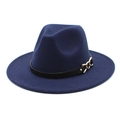 Detailed close-up of dark blue wool fedora with black leather band and gold chain links - Navy Blue