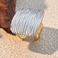 Two-tone 18k gold plated stainless steel open ring with textured wavy silver square surface - Square Wave Pattern - Gold Silver Two-Tone