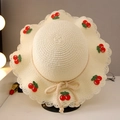 Kids cream straw sun hat featuring cherry embroidery and a woven bow for summer - Cherry Straw Hat / White