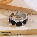 Adjustable stainless steel ring with black enamel heart motifs and open-end design - Heart Ring 3