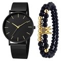 Minimalist black quartz watch with mesh strap and beaded crown bracelet set for men - Black Dial Gold Hands With Bracelet