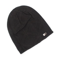 Detail of dark brown knit beanie with geometric pattern and metal Heat brand tag - Coffee