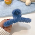 Deep blue plush faux fur shark hair claw clip for women's winter hairstyling - Klein Blue Plush Hair Claw
