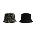 Flat lay set of two outdoor bucket hats featuring camouflage pattern and solid black style - Brown & Green Camo