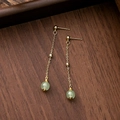 Elegant gold drop earrings with green jade beads and fine chains on wood background - E5798/Gold Chain Single Green Bead