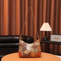 Brown and orange geometric colorblock underarm bag with lychee texture leather finish - Brown