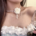 Elegant white satin rose pearl necklace with silk ribbons for a stylish choker look - Off-White Rose Flower Pearl Necklace (X3890) / Off White / 0.1