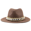 Dark brown straw panama hat with wood bead and seashell band decoration for summer - M (56-58cm) / Brown